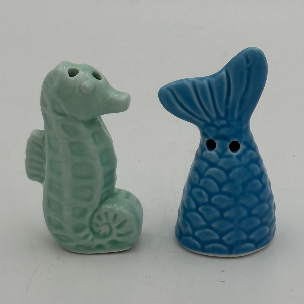 Ceramic Seahorse and Mermaid Tail Salt and Pepper Shakers Set Coastal Nautical